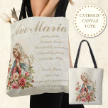 Bolsa Tote Virgem Católica Mary Rosa vermelha Floral Ave Mari<br><div class="desc">Esta é uma bela imagem católica personalizada desenhada tradicional da Virgem Abençoada Maria,  com rosas vintages,  e da Ave Maria (AVE MARIA) em latim. O fundo é um design de renda branca. A parte de trás da bolsa tem uma imagem maior da Mãe Abençoada.</div>