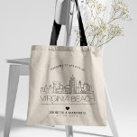 Bolsa Tote Virginia Beach Wedding | Linha Skyline Estilizada<br><div class="desc">Uma bolsa única para um casamento acontecendo na linda cidade costeira de Virginia Beach. Este bolsa apresenta uma ilustração estilizada do horizonte único da cidade com seu nome embaixo. Esta é seguida pelas informações do dia do casamento em um estilo aberto igual.</div>