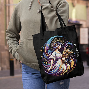 Bolsa Tote Virgo Zodiac, Cor d'Água Elegante, Preto