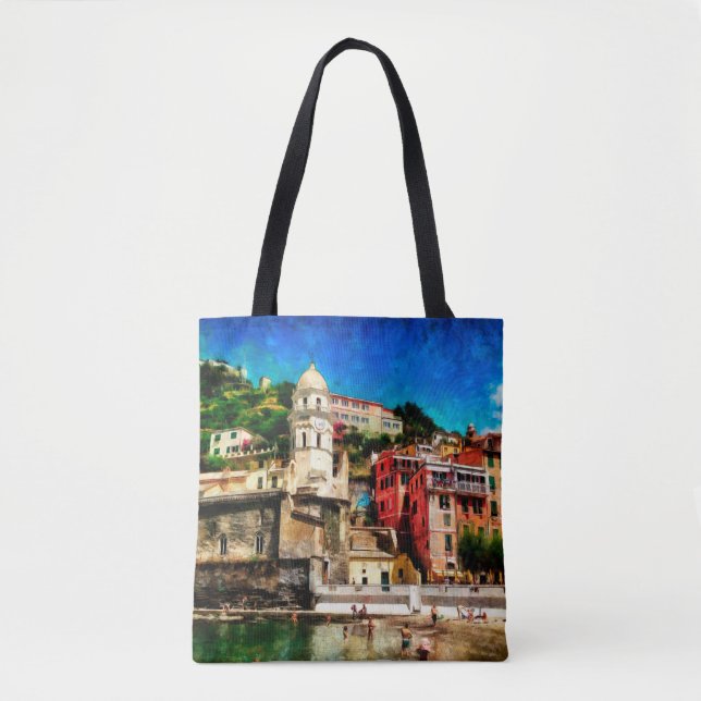 Bolsa Tote Visão de Vernazza, Itália. Conto de pintura aquosa (Frente)