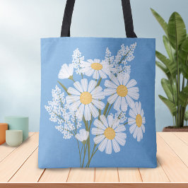 Bolsa Tote Visitas Brancas Florais Elegantes em Azul
