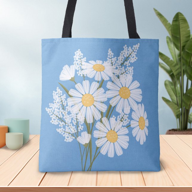 Bolsa Tote Visitas Brancas Florais Elegantes em Azul (Criador carregado)