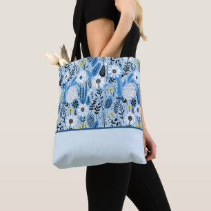 Bolsa Tote Visitas e Folhas de Azul e Branco, Bloco de Cores
