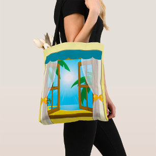 Bolsa Tote Vista da Praia Ensolarada Através da Janela Aberta