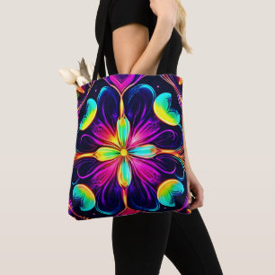 Bolsa Tote Vivid Neon Floral Mandala Art