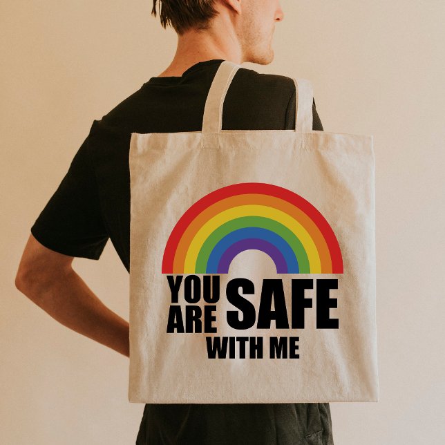Bolsa Tote Você Está Seguro Comigo LGBTQ Rainbow Prie (Criador carregado)