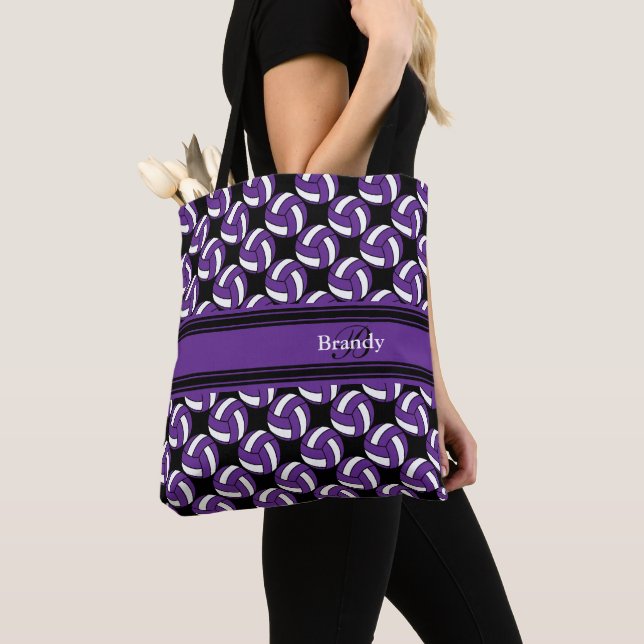 Bolsa Tote Voleibol roxo, preto e branco | Personalizar (Close Up)