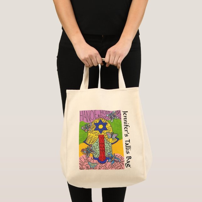 Bolsa Tote Voo iídico de Borboletas Hamsa Tallit Bag (Frente (produto))