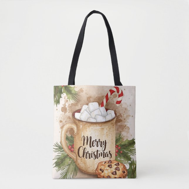 Bolsa Tote Warm cocoa merry Christmas cookie holly rustic (Frente)