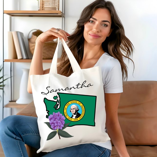 Bolsa Tote Washington Flag e Flower Pacific Rhododendron (Criador carregado)