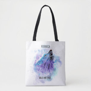 Bolsa Tote Watercolor Boho BLue e Pupple Wolf Gift for Girl