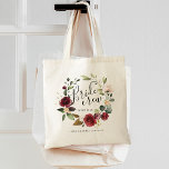 Bolsa Tote Watercolor Burgundy Floral Wreath Brit Crew<br><div class="desc">Um doce e elegante presente para a festa noiva,  bolsa apresenta uma coroa verde rosa com cor-d-água entorpecida com "tribo noiva" inscrita no dentro com escrita à mão. Personalize com o nome das damas de honra e a data do casamento.</div>