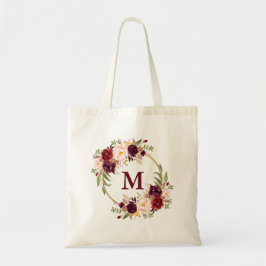 Bolsa Tote Watercolor Burgundy Floral Wreath Monograma Dourad