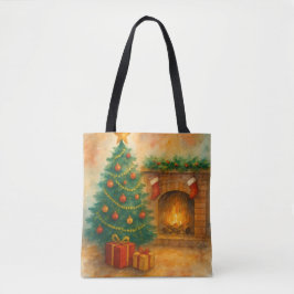Bolsa Tote Watercolor Christmas Tree & Cozy Fireplace Holiday