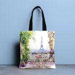 Bolsa Tote Watercolor Eiffel Tower Paris Café Francês<br><div class="desc">Watercolor Eiffel Tower Paris Cafe Tote Bags apresenta uma zona de assentos de café francês a aquarelas com Paris e a Torre Eiffel em segundo plano. Criado pelo Evco Studio www.zazzle.com/store/evcostudio</div>