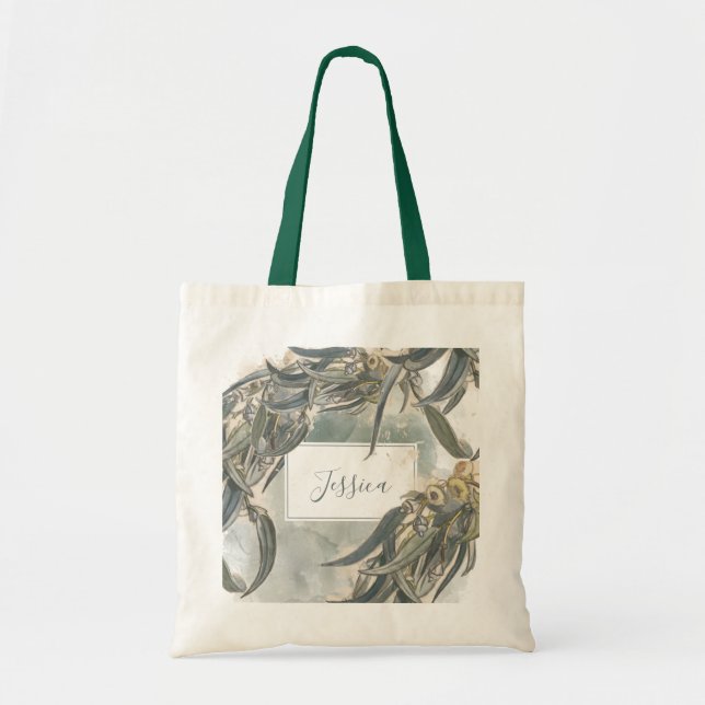 Bolsa Tote Watercolor Eucalyptus Deixa-se verde Bridesmaid  (Frente)