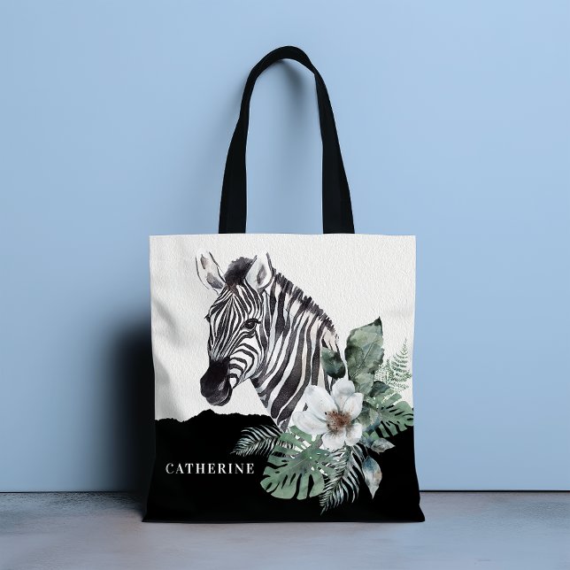 Bolsa Tote Watercolor Floral Wild Zebra Personalizada (Criador carregado)
