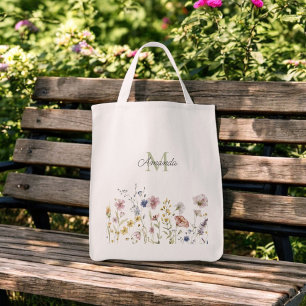 Bolsa Tote Watercolor Flores Selvagens Boho Na moda com Monog