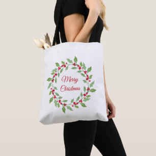 Bolsa Tote Watercolor Holly Wreath
