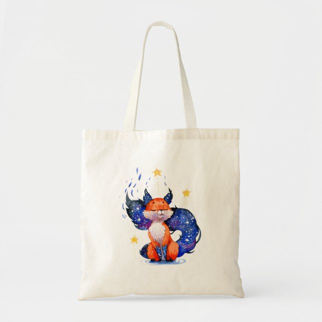 Bolsa Tote Watercolor Illustration of Galaxy Celestial Fox  (Frente)