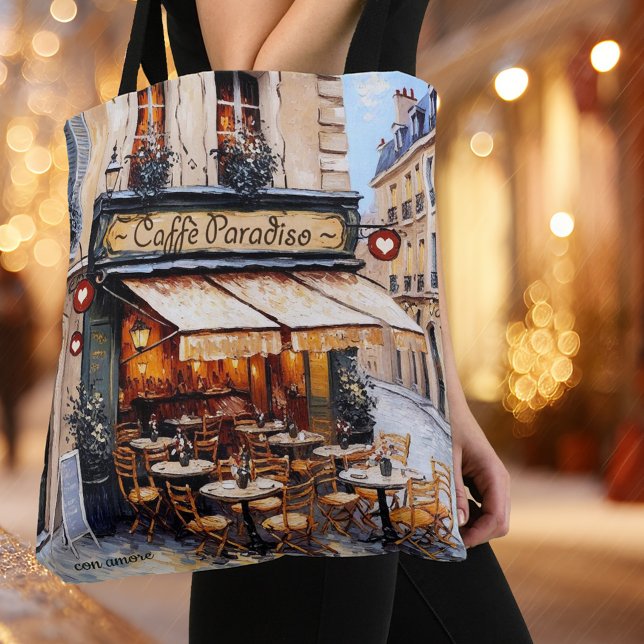 Bolsa Tote Watercolor Italian Café Coffee Lover  (Tote bag featuring a watercolor painting of an Italian coffee shop)