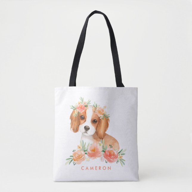 Bolsa Tote Watercolor King Charles Spaniel Orange Flowers (Frente)