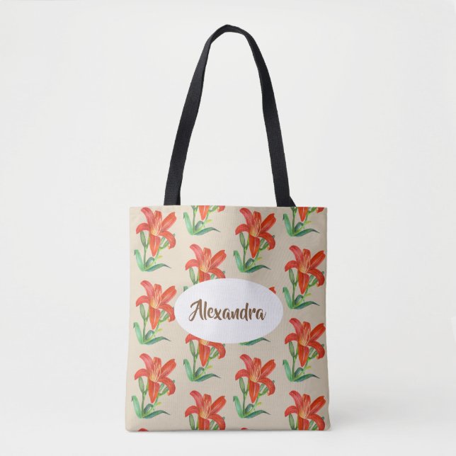 Bolsa Tote Watercolor Orange Lily Floral Art (Frente)