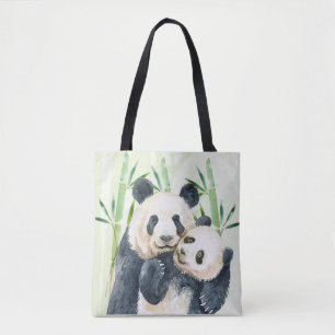 Bolsa Tote Watercolor Panda Bears Mãe e Bebê em Bambu