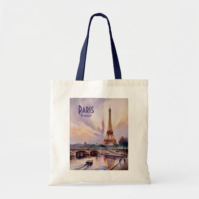 Bolsa Tote Watercolor Paris Eiffel Tower Skyline Retro Sunset (Frente)