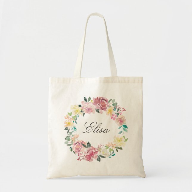 Bolsa Tote Watercolor Pastel Blush Floral Wreath Bridesmaid (Frente)