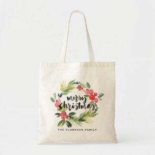 Bolsa Tote Watercolor Pine e Holly Wreath Feliz Natal