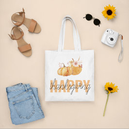 Bolsa Tote Watercolor Pumpkins & Orange Happy Ação de Graças