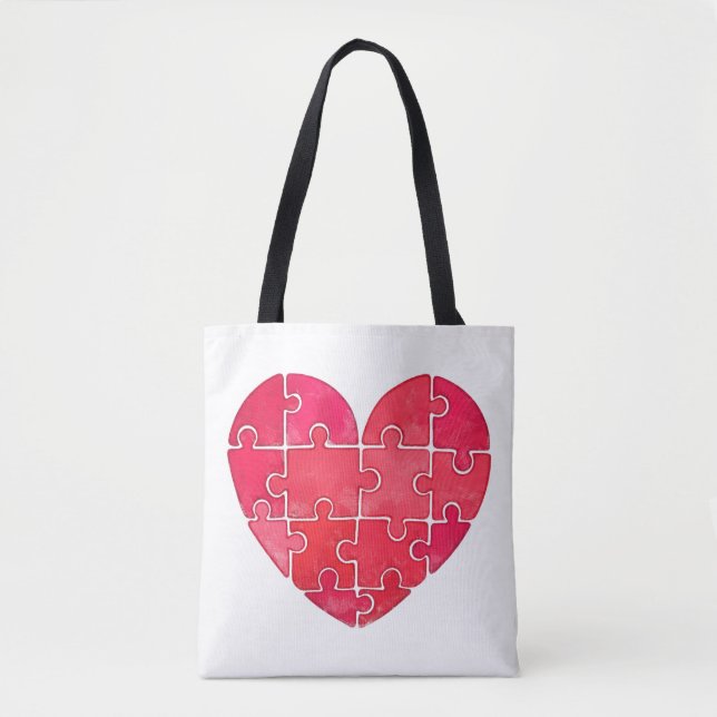 Bolsa Tote Watercolor red puzzle heart, red hearts pattern (Frente)