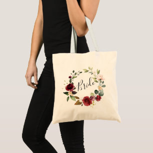 Bolsa Tote Watercolor Rosa Burgundy Floral Wreath Bride