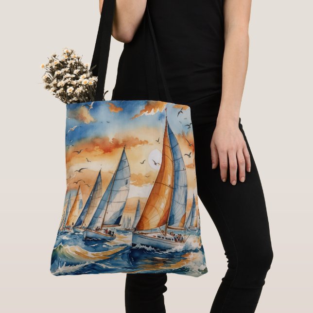 Bolsa Tote Watercolor Sailboat Regatta (Close Up)