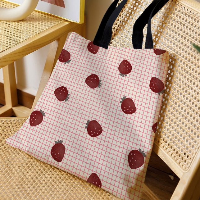 Bolsa Tote Watercolor Strawberries on Pink Grid - Valentine (Criador carregado)