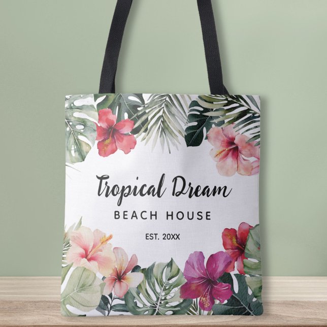 Bolsa Tote Watercolor Tropical Floral Botanical Beach House (In situ)