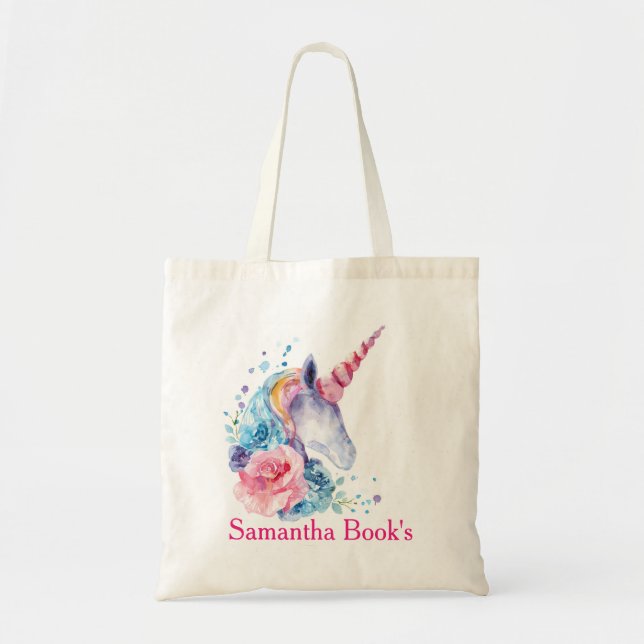 Bolsa Tote Watercolor Unicorn com Pony (Frente)
