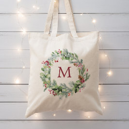 Bolsa Tote Watercolor Winter Greenery Wreath Monograma
