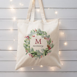 Bolsa Tote Watercolor Winter Greenery Wreath Monograma