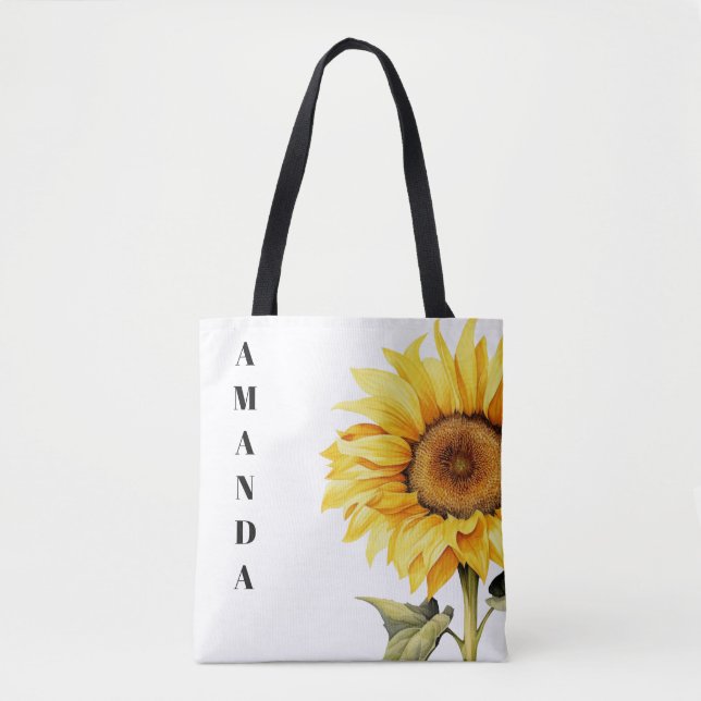 Bolsa Tote Watercolor Yellow Chic Custom Name Sunflower (Frente)