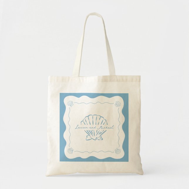 Bolsa Tote Wavy Coastal Modern Dusty Blue Weding Bem-vindo (Frente)