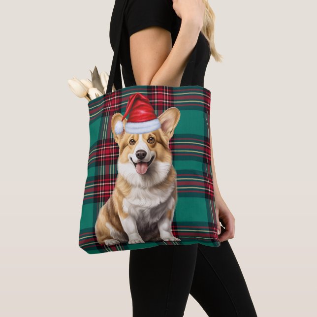 Bolsa Tote Welsh Corgi Christmas Dog Seasonal Green Plaid (Close Up)
