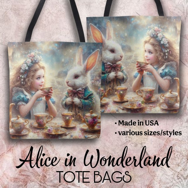 Bolsa Tote Whimsical Alice and Rabbit Tea Time (Criador carregado)
