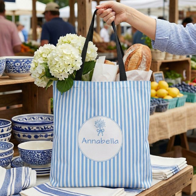 Bolsa Tote Whimsical Blue White Stripe Preppy Monogram (Criador carregado)