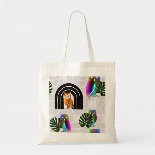 Bolsa Tote Whimsical Boho Owl & Tropical Monstera Leaf (Frente)