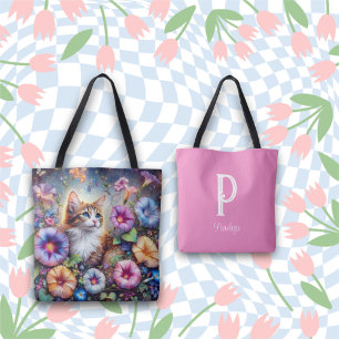 Bolsa Tote Whimsical Cat Lindas Flores Monograma Nome