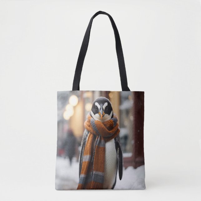 Bolsa Tote Whimsical Cozy Penguin Snowy Winter (Frente)