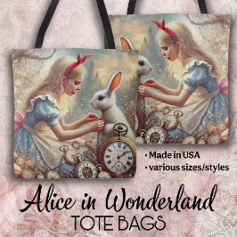 Bolsa Tote Whimsical Fairytale Art Alice and White Rabbit