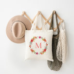 Bolsa Tote Whimsical Floral Wreath Monograma<br><div class="desc">Saco de tote personalizado com um quadro floral brilhante ilustrado e branco,  personalizado com seu monograma ou outro texto personalizado. Clique em Personalizar para alterar as fontes e cores do texto para criar a sua própria design única. Adorável para presentes de damas de honra!</div>